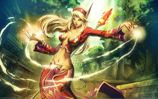 Woman red outfit sword forest free wallpaper for desktop - medium preview image