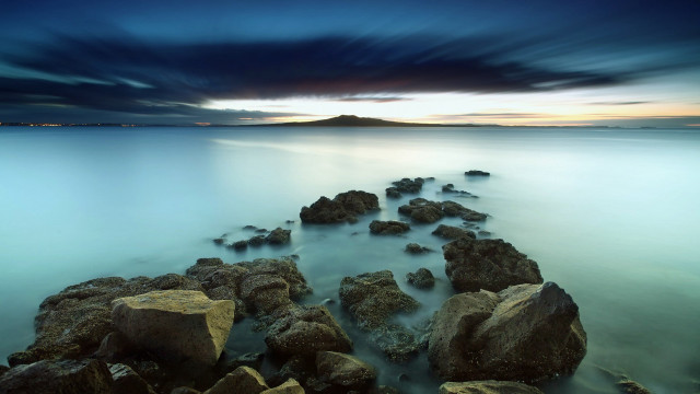 Rocky beach dusk matte painting free wallpaper for desktop - medium preview image