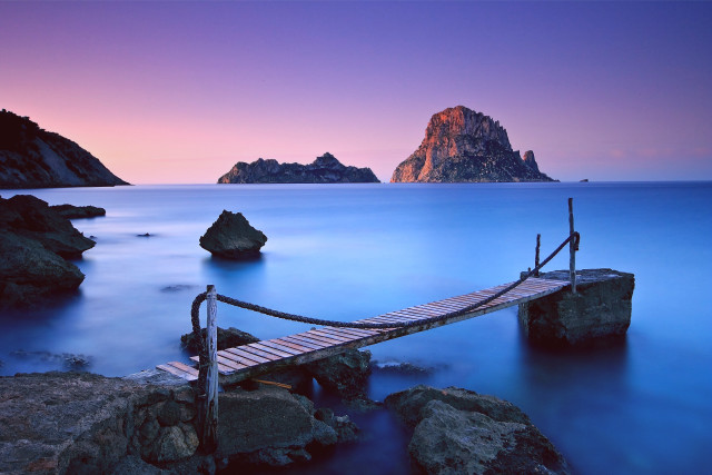 Wooden dock rocky beach mountain free wallpaper for desktop - medium preview image