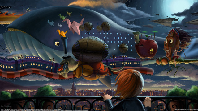 Woman whale flying creatures city free wallpaper for desktop - medium preview image