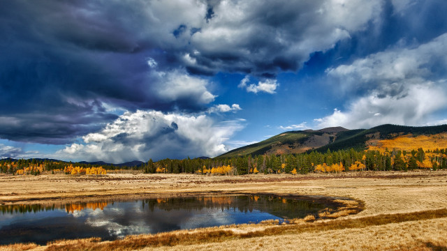 Lake mountains field cloudy sky free wallpaper for desktop - medium preview image
