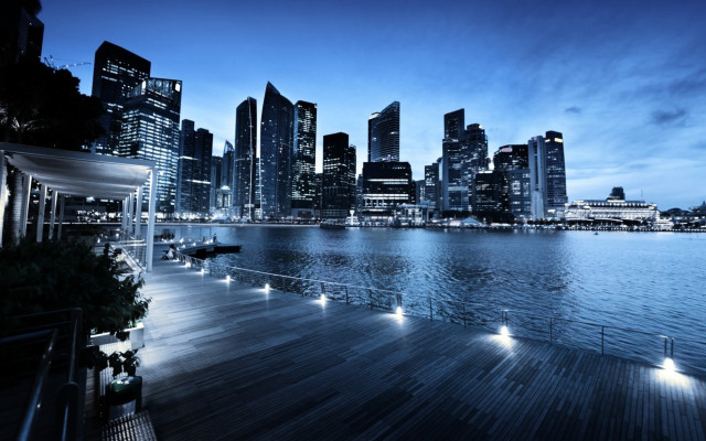 City skyline night dock lights free wallpaper for desktop - medium preview image