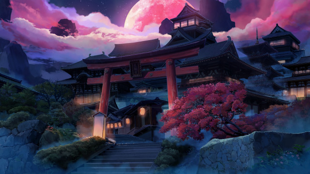 Japanese temple full moon pink free wallpaper for desktop - medium preview image