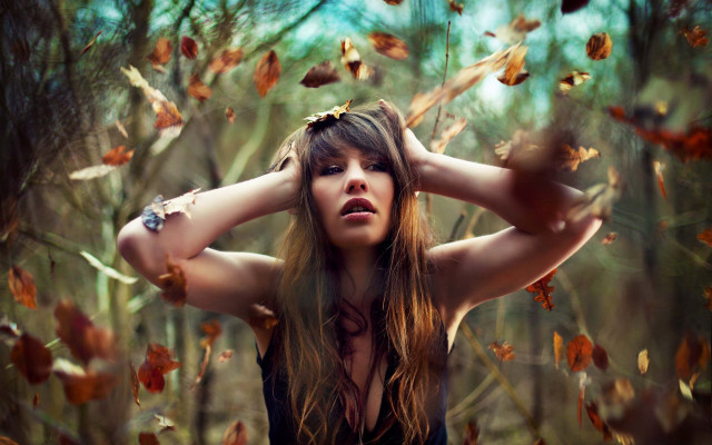 Woman longhair forest autumn leaves free wallpaper for desktop - medium preview image