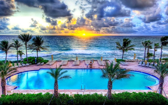 Sunset palm trees beach pool free wallpaper for desktop - medium preview image