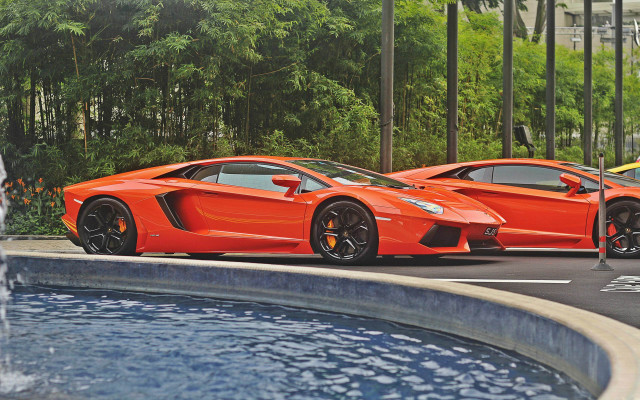 Orange sports cars fountain trees free wallpaper for desktop - medium preview image