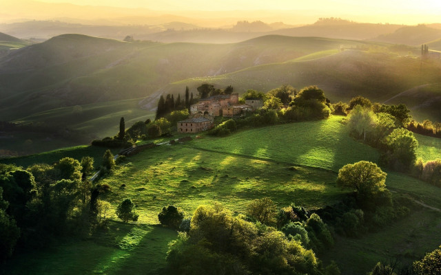 Green hillside house trees sunset #2 free wallpaper for desktop - medium preview image