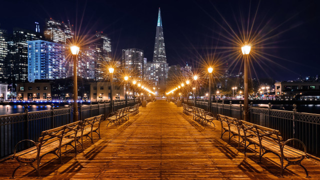 Wooden walkway city lights bridge free wallpaper for desktop - medium preview image