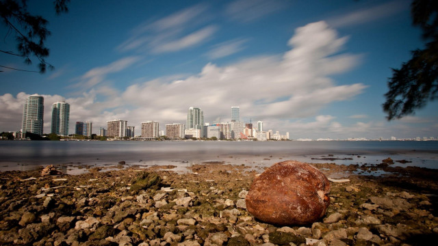 Rock beach city skyline cloudy free wallpaper for desktop - medium preview image