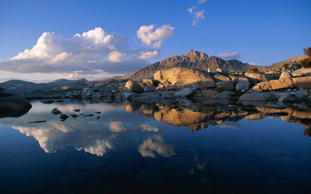 Mountain lake rocks clouds reflection free wallpaper for desktop - medium preview image
