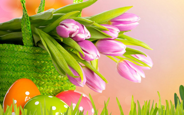 Basket pink flowers eggs grass free wallpaper for desktop - medium preview image