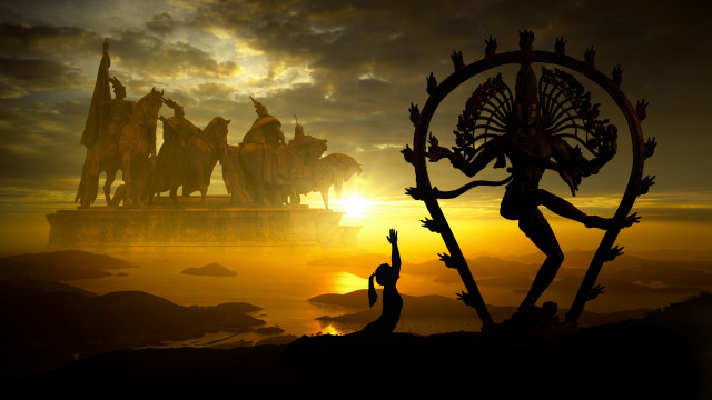 Sunset group people statue horses free wallpaper for desktop - medium preview image