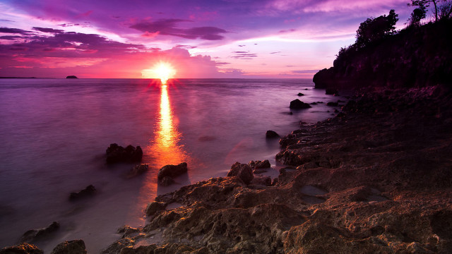 Sunset ocean rocks water purple #2 free wallpaper for desktop - medium preview image