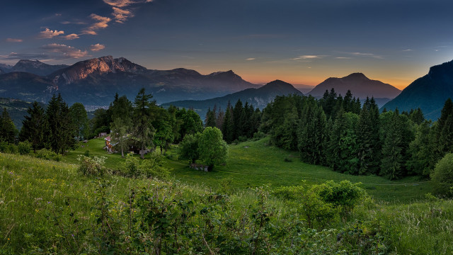 Mountain sunset house landscape nature free wallpaper for desktop - medium preview image