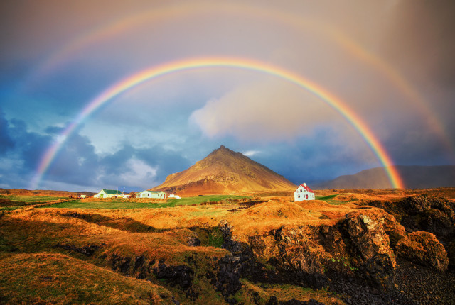 Rainbow mountain house cloudy sky free wallpaper for desktop - medium preview image