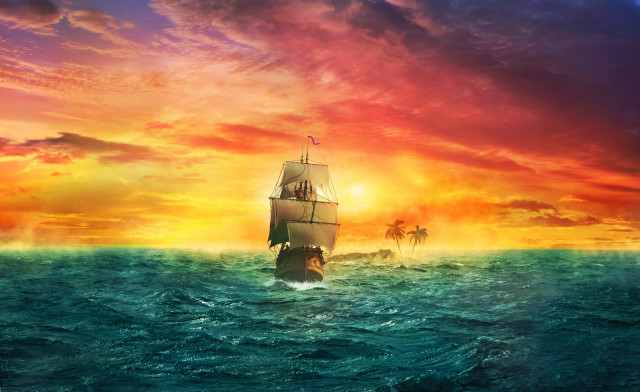 Sunset ocean ship mountain fire free wallpaper for desktop - medium preview image