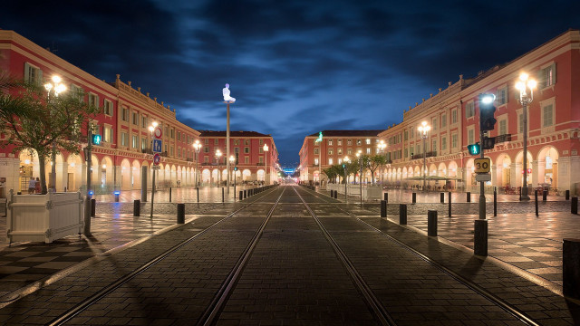 Night street train track building free wallpaper for desktop - medium preview image