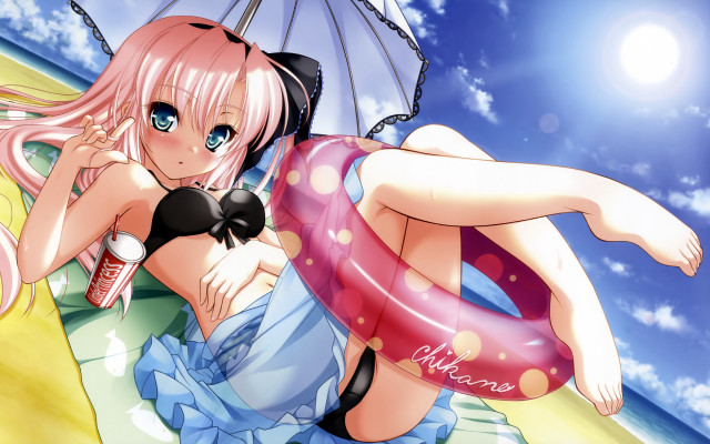 Beach girl umbrella lifepreserver blue free wallpaper for desktop - medium preview image