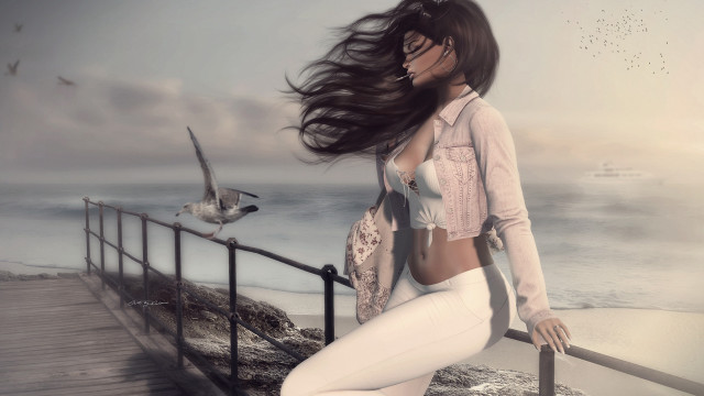 Woman white pants jacket ocean free wallpaper for desktop - medium preview image