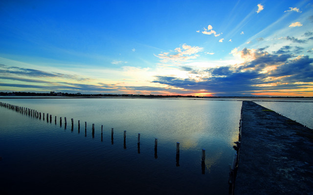 Lake dock clouds sunset mountains free wallpaper for desktop - medium preview image