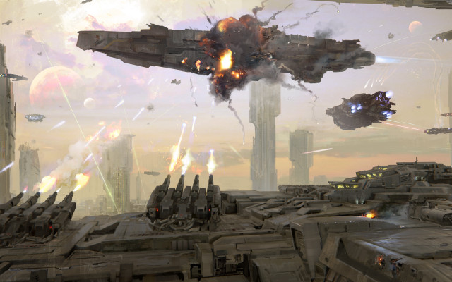 Futuristic fighter jet city smoke free wallpaper for desktop - medium preview image