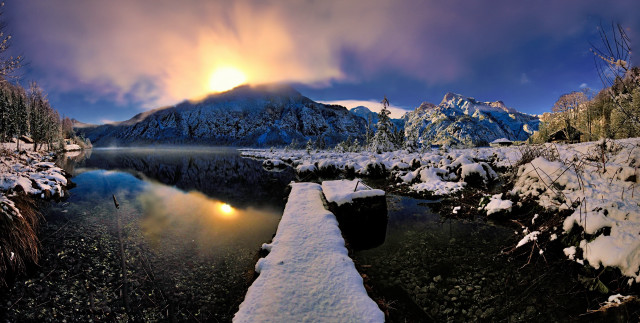 Snow mountain lake dock night free wallpaper for desktop - medium preview image