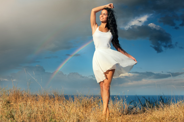 Woman white dress field rainbow free wallpaper for desktop - medium preview image