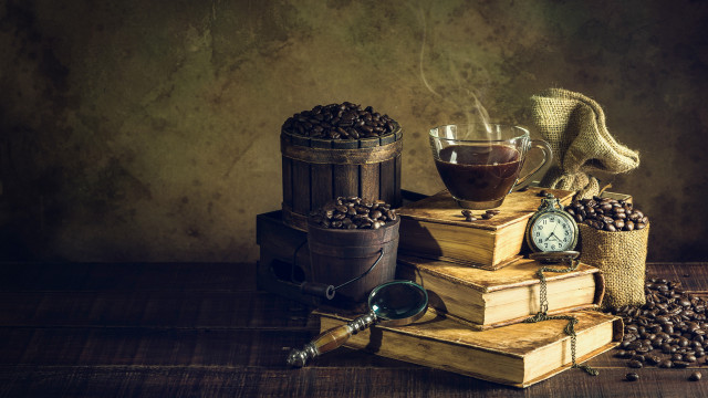 Stack books coffee clock lantern free wallpaper for desktop - medium preview image
