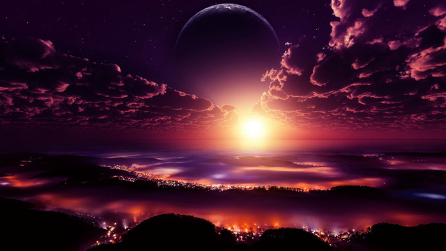 Sunset planet city purple clouds free wallpaper for desktop - medium preview image