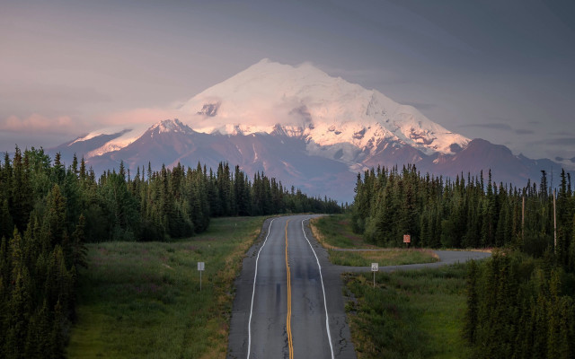 Mountain road forest sunset horizon free wallpaper for desktop - medium preview image