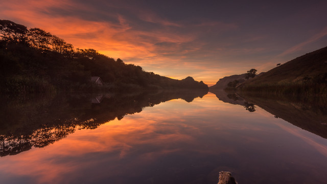 Sunset reflections lake trees clouds free wallpaper for desktop - medium preview image