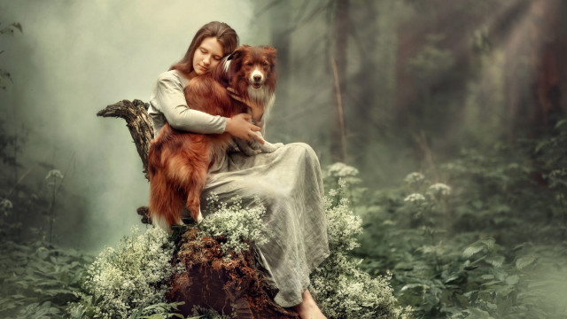 Woman dog forest fog photorealistic free wallpaper for desktop - medium preview image