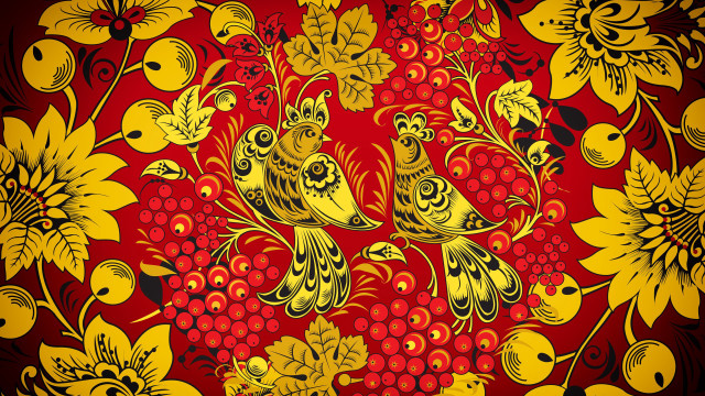 Red yellow floral birds leaves free wallpaper for desktop - medium preview image