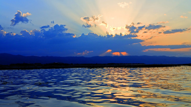 Sunset boat bridge city mountain free wallpaper for desktop - medium preview image