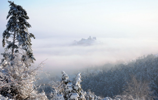 Castle foggy sky trees lake free wallpaper for desktop - medium preview image