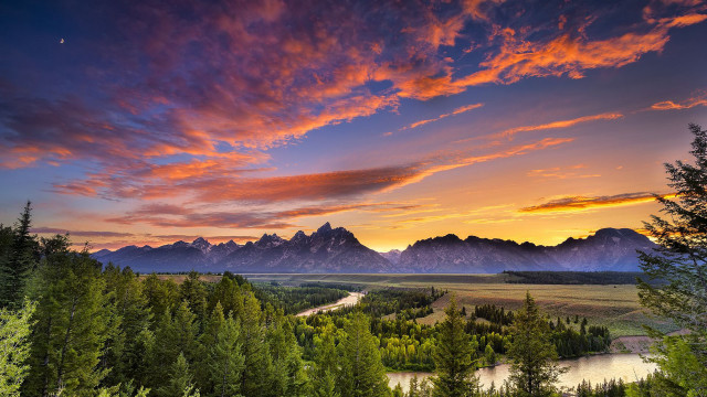 Sunset valley mountains river landscape free wallpaper for desktop - medium preview image