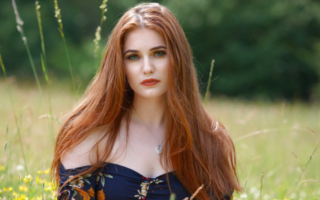 Red haired woman flowers outdoors free wallpaper for desktop - medium preview image