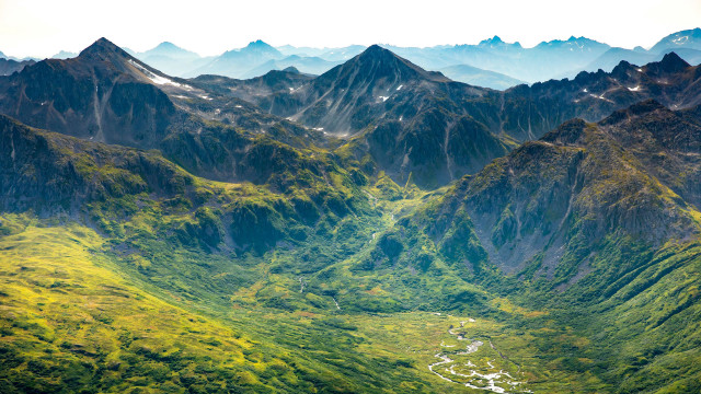 Valley mountains river nature scene free wallpaper for desktop - medium preview image