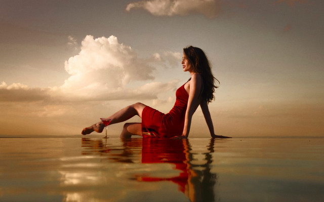 Woman red dress water sunset free wallpaper for desktop - medium preview image