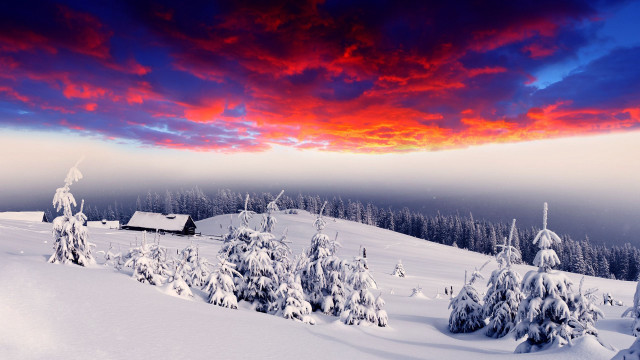 Snowy landscape cabin trees colorful free wallpaper for desktop - medium preview image