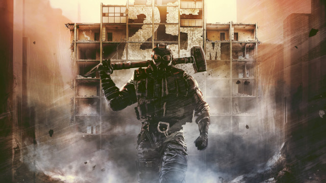 Man gasmask metal object city free wallpaper for desktop - medium preview image