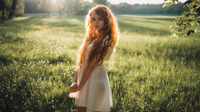 Red haired woman field portrait #2 free wallpaper for desktop - medium preview image