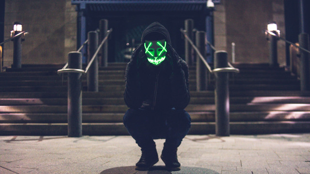 Cyberpunk scenery person greenmask blackjacket free wallpaper for desktop - medium preview image