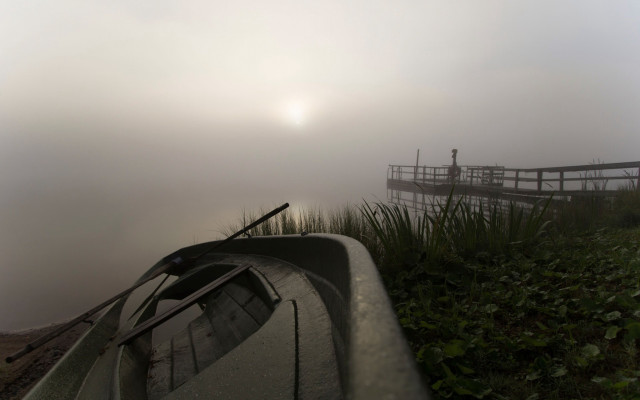 Foggy lake boat bridge ruins free wallpaper for desktop - medium preview image