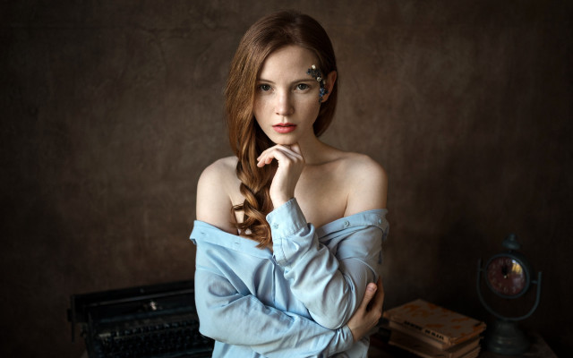 Woman braid desk typewriter clock free wallpaper for desktop - medium preview image