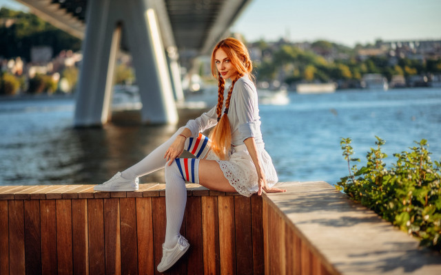 Woman fence river bridge boat free wallpaper for desktop - medium preview image