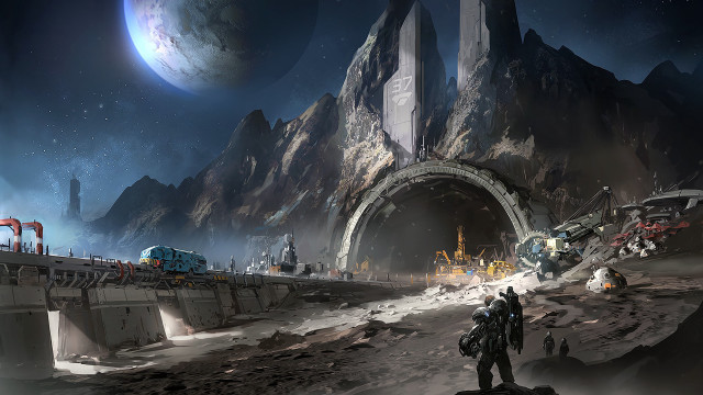 Sci fi mountain town train free wallpaper for desktop - medium preview image