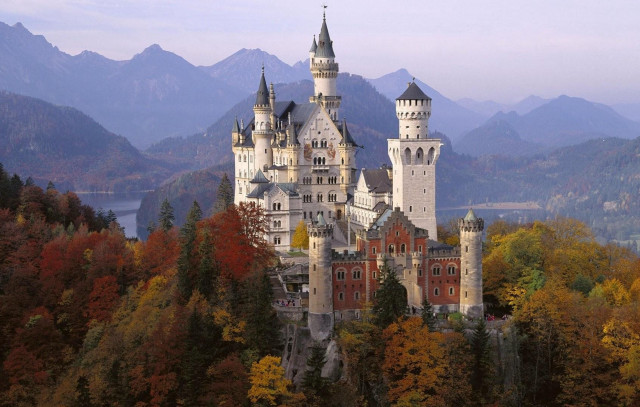 Castle tower forest lake mountains free wallpaper for desktop - medium preview image