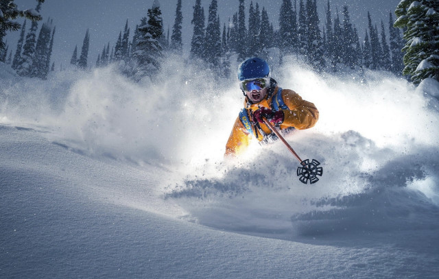 Skier snowy hill woods night free wallpaper for desktop - medium preview image