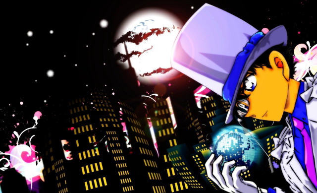 Cartoon character holding globe city free wallpaper for desktop - medium preview image